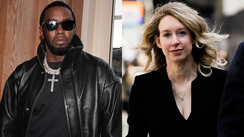 Diddy at Howard University in a leather jacket and chains in 2023, Elizabeth Holmes walking into court in a black suit in 2025.