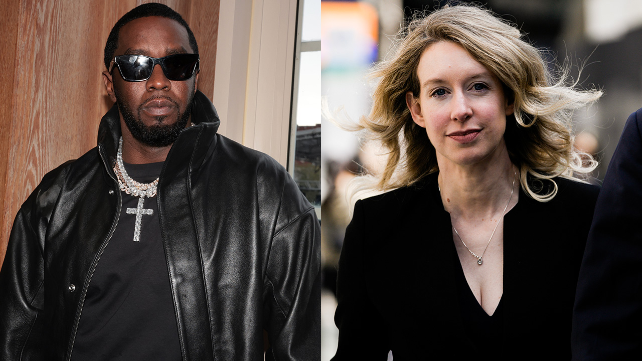 Diddy at Howard University in a leather jacket and chains in 2023, Elizabeth Holmes walking into court in a black suit in 2025.