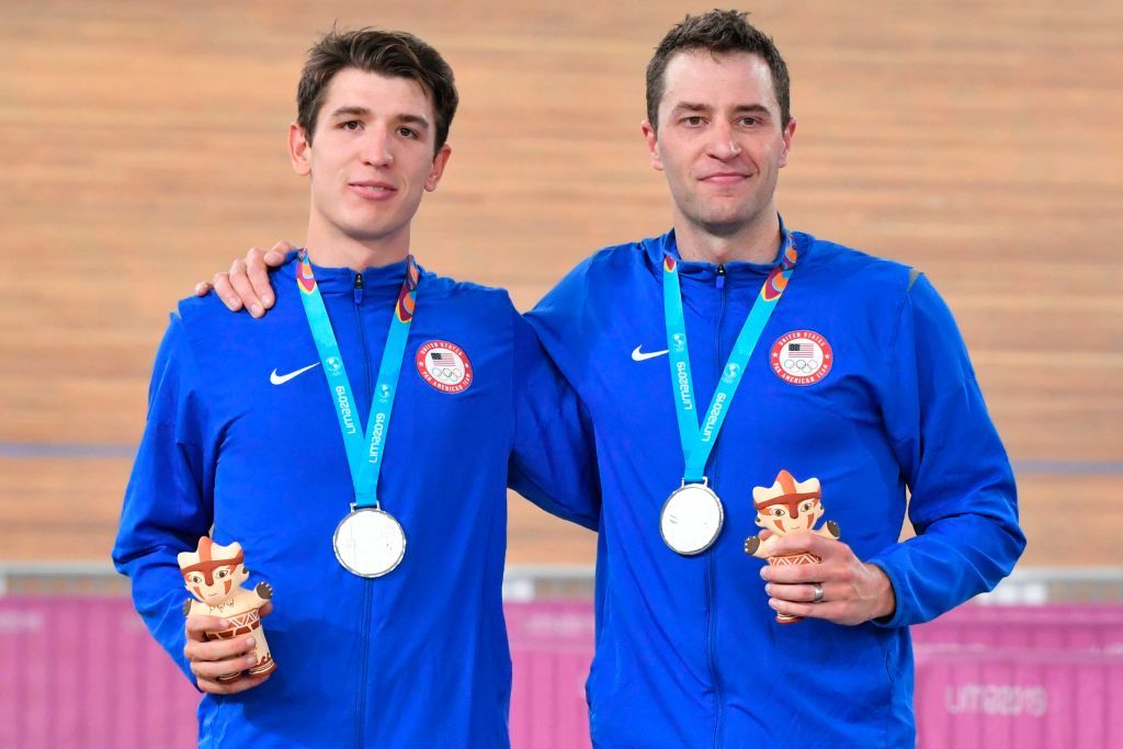 US GAvin Hoover L and Adrian Hegyvary celebrate their Silver medal in the Mens Madison Finals of the Cycling competition during the Lima 2019 PanAmerican Games in Lima on August 4 2019 Photo by Luis Acosta AFP Photo credit should read LUIS ACOSTAAFP via Getty Images