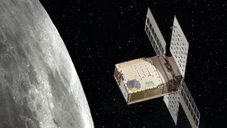 a rectangular satellite with four solar panels floats in space above the moon