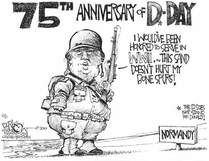 Political Cartoon U.S. Trump D-Day Draft Dodging Bone Spurs
