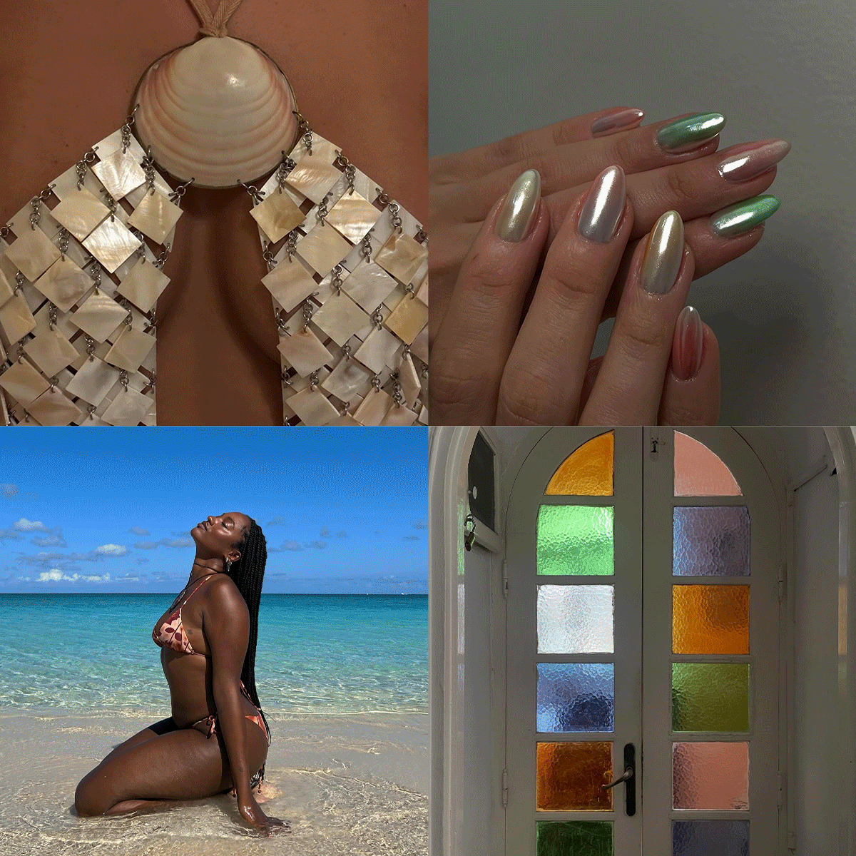 A collage of ocean scenes and seaglass-inspired chrome nails.