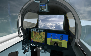 an airplane cockpit with three screens rather than a forward windscreen
