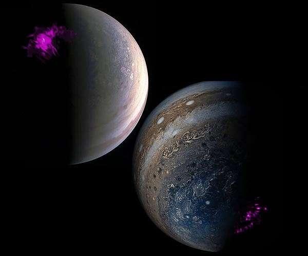 Overlaid images of Jupiter&#039;s pole from NASA&#039;s satellite Juno and NASA&#039;s Chandra X-ray telescope. Left shows a projection of Jupiter&#039;s Northern X-ray aurora (purple) overlaid on a visible Junocam image of the North Pole. Right shows the Southern counterpart. 