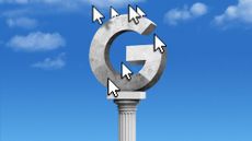 A stone Google icon on a plinth with mouse cursors like pigeons perched atop it