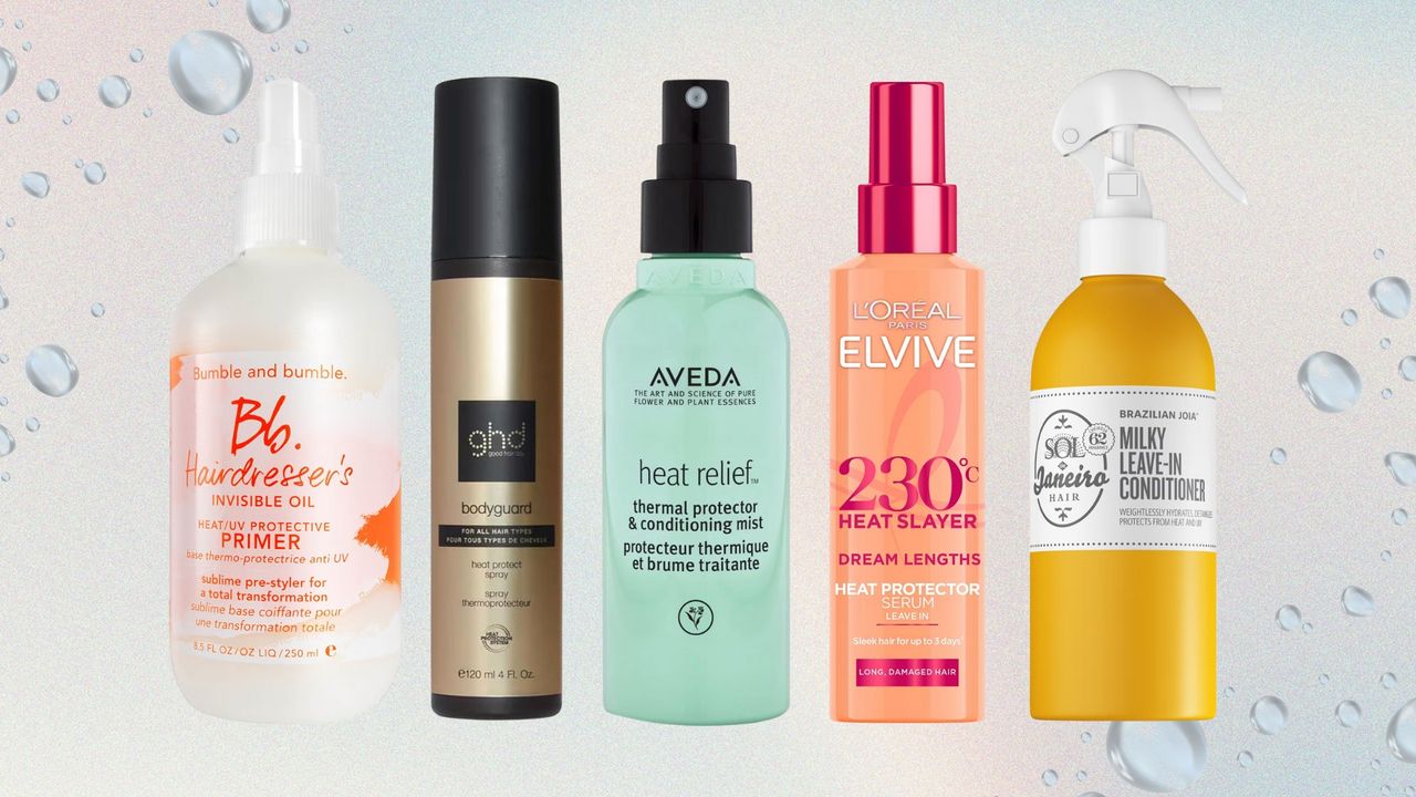 Collage of the best heat protection sprays (L-R) from Bumble and bumble, ghd, Aveda, L&#039;Oreal and Sol de Janeiro, on a pastel watercolour background with water droplets