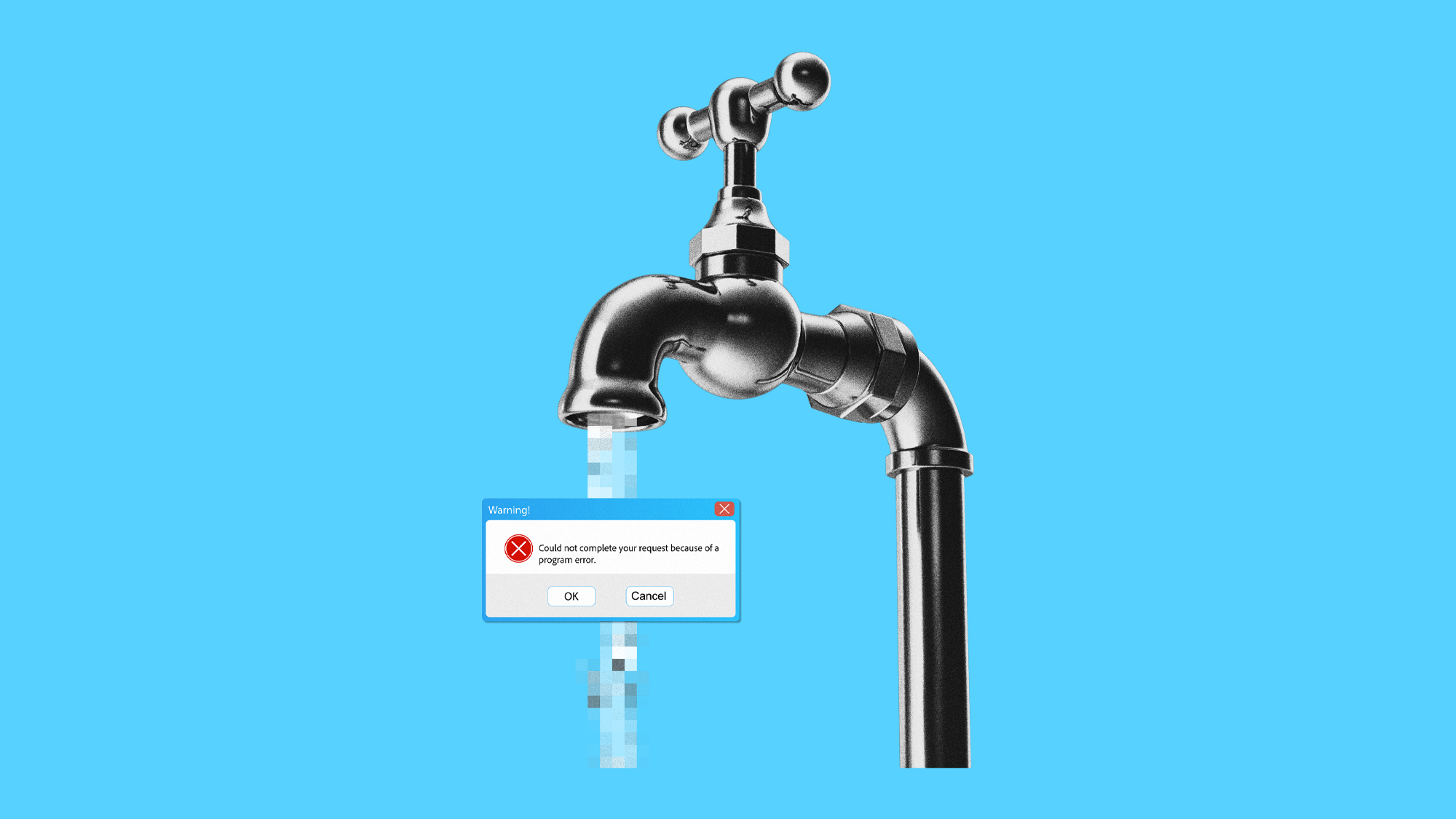 Illustration of a tap running pixelated water and a computer error message