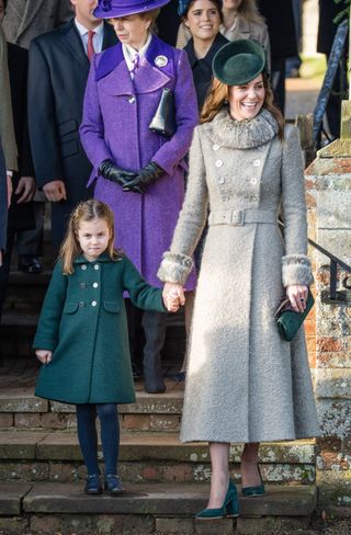 Kate Middleton in a gray Catherine Walker coat on Christmas Day 2019.