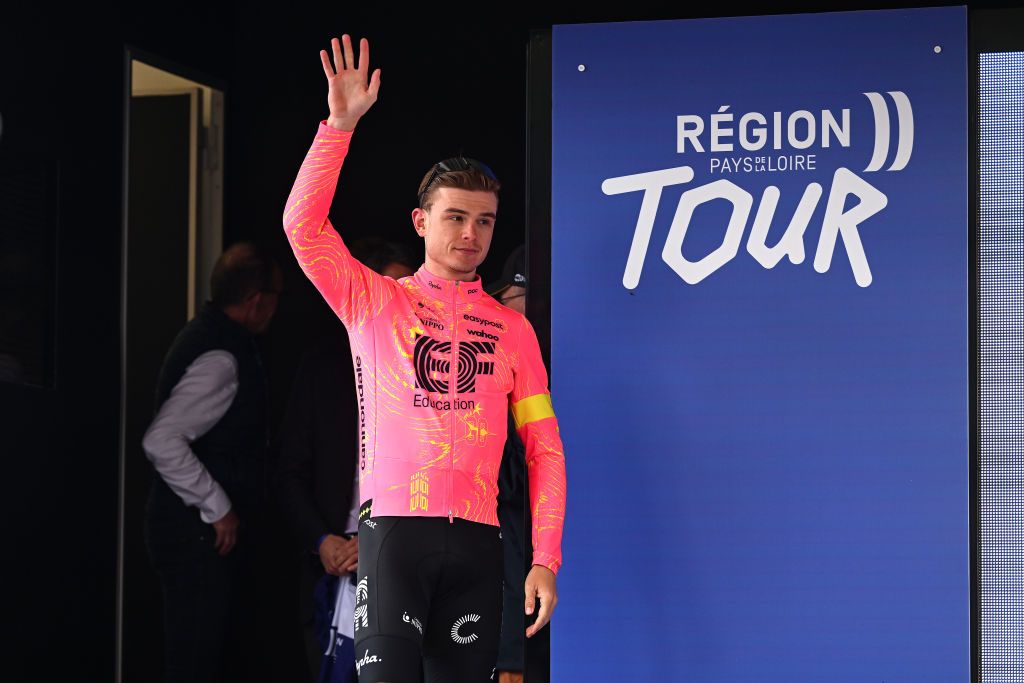 SAINTJEANDEMONTS FRANCE APRIL 02 Marijn van den Berg of The Netherlands and Team EF Education EasyPost celebrates at podium as stage winner during the 70th Region Pays de la Loire Tour 2024 Stage 1 a 2105km stage from FontenayleComte to SaintJeandeMonts on April 02 2024 in SaintJeandeMonts France Photo by Dario BelingheriGetty Images