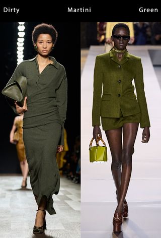 Two models wearing martini green on the Ferragamo and Gucci fall 2024 runways.