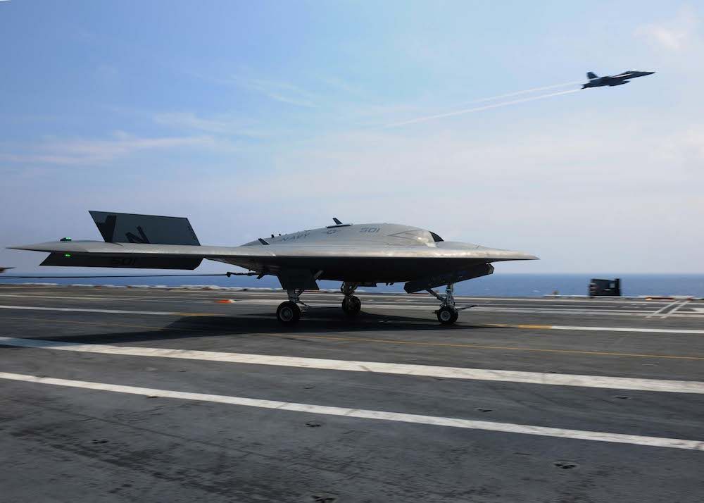 U.S. Navy drone aboard aircraft carrier.