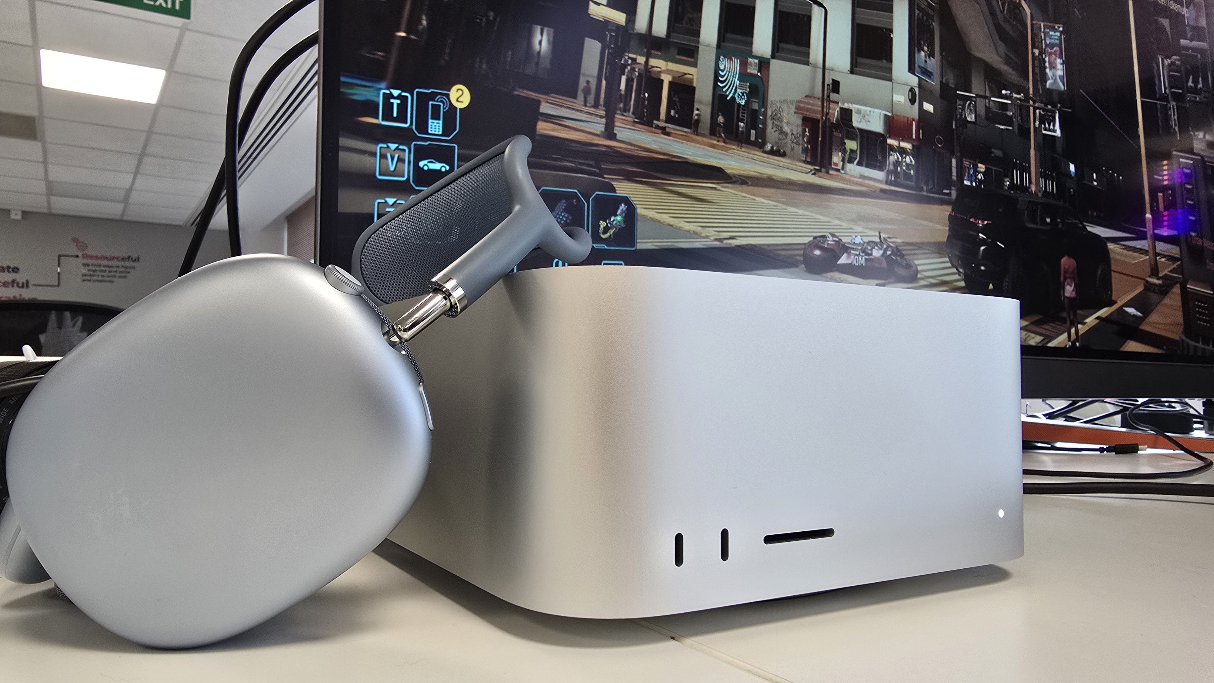 Mac Studio and AirPods Max with Cyberpunk