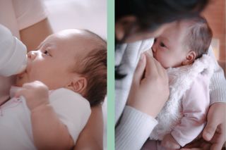Baby bottle feeding split layout with baby breast feeding