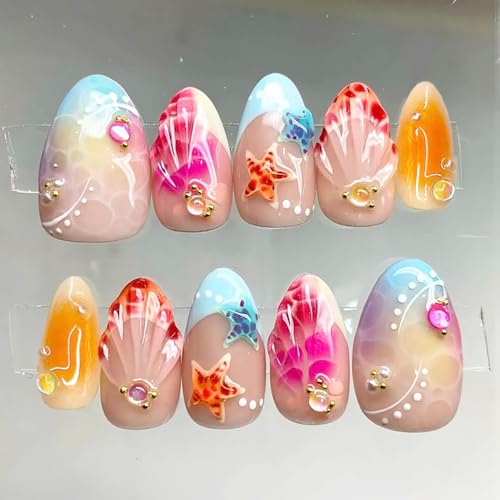 30pcs Summer Beach Press on Nails Short Almond Fake Nails With 3d Seashell Designs Cute Starfish Acrylic Nails Gems Rhinestones Glue on Nails Ocean False Nails French Tip Stick on Nails for Women