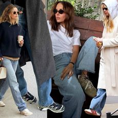 fashion collage with influencers and celebrities including Anouk Yve, Marilyn Nwawulor-Kazemaks, Debora Rosa, and Jennifer Lawrence wearing chic outfits with jeans and sneakers