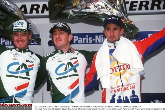 Chris Boardman is flanked by Stuart O'Grady and Frank Vandenbroucke