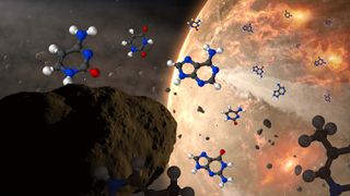 In this conceptual image of meteoroids delivering nucleobases to ancient Earth, the nucleobases are represented by structural diagrams with hydrogen atoms as white spheres, carbon as black, nitrogen as blue and oxygen as red. 