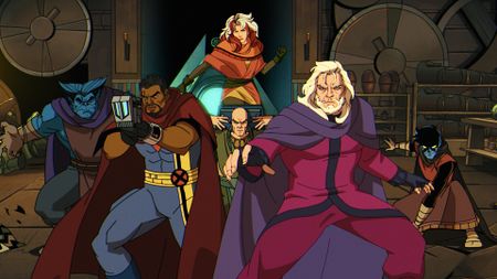 Beast, Bishop, Rogue, Professor X, Magneto, and Nightcrawler preparing to fight in X-Men 97 season 2