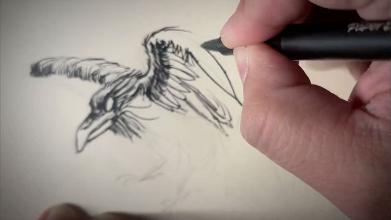 A drawing of a crow becomes a 3D model in a Maxon AI video