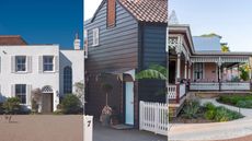 Three images of house exterior colors in white, black and pink