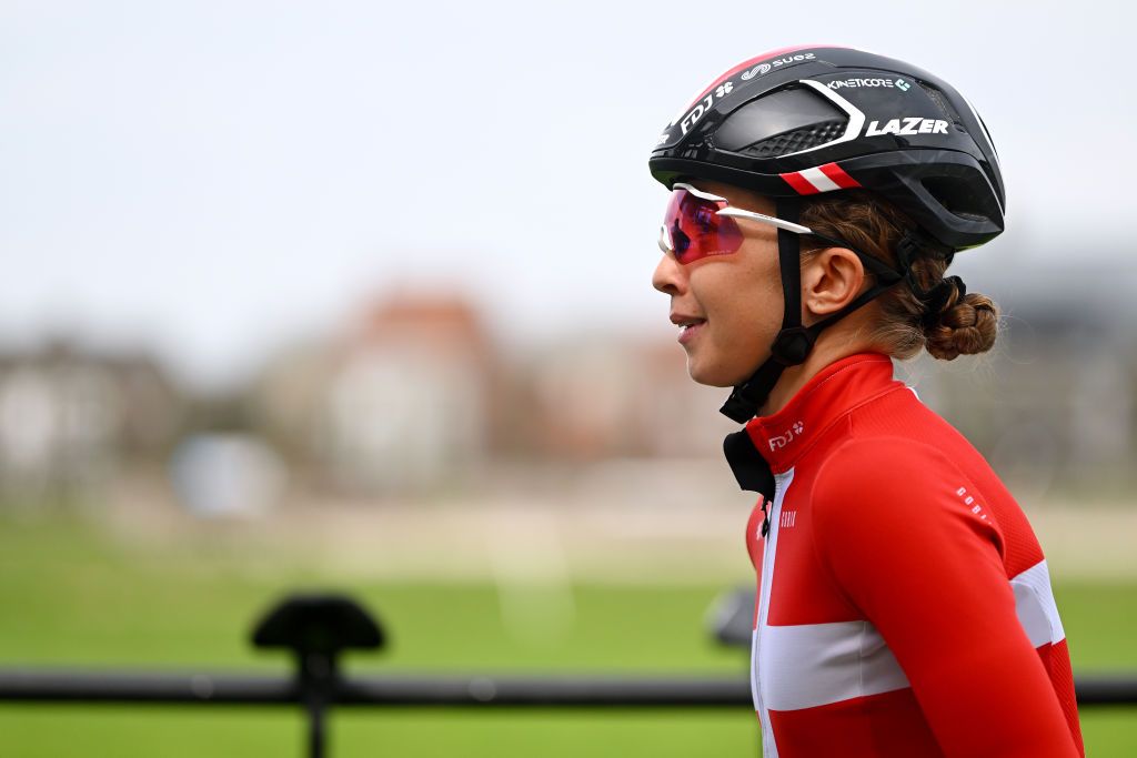 WAREGEM BELGIUM MARCH 29 Cecilie Uttrup Ludwig of Denmark and Team FDJSuez prior to the 11th Dwars door Vlaanderen 2023 Womens Elite a 1149km ine day race from Waregem to Waregem DDV23 on March 29 2023 in Waregem Belgium Photo by Luc ClaessenGetty Images
