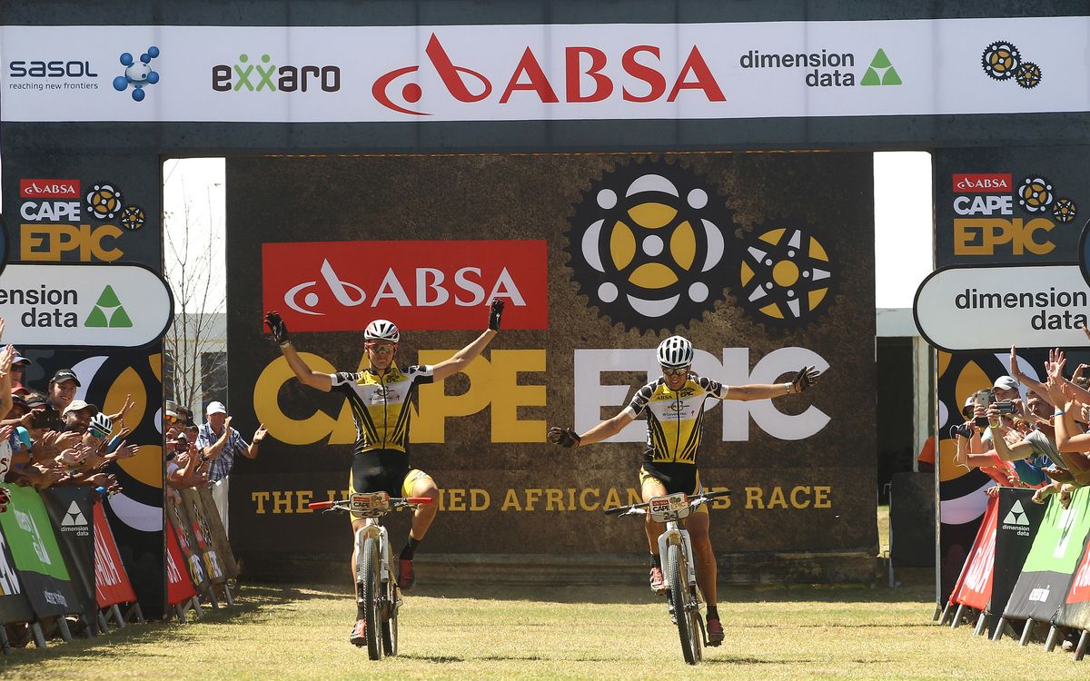 Jaroslav Kulhavy and Christoph Sauser of Investec-Songo-Specialized celebrate winning 121km stage 5 and their 4th stage victory at this years race