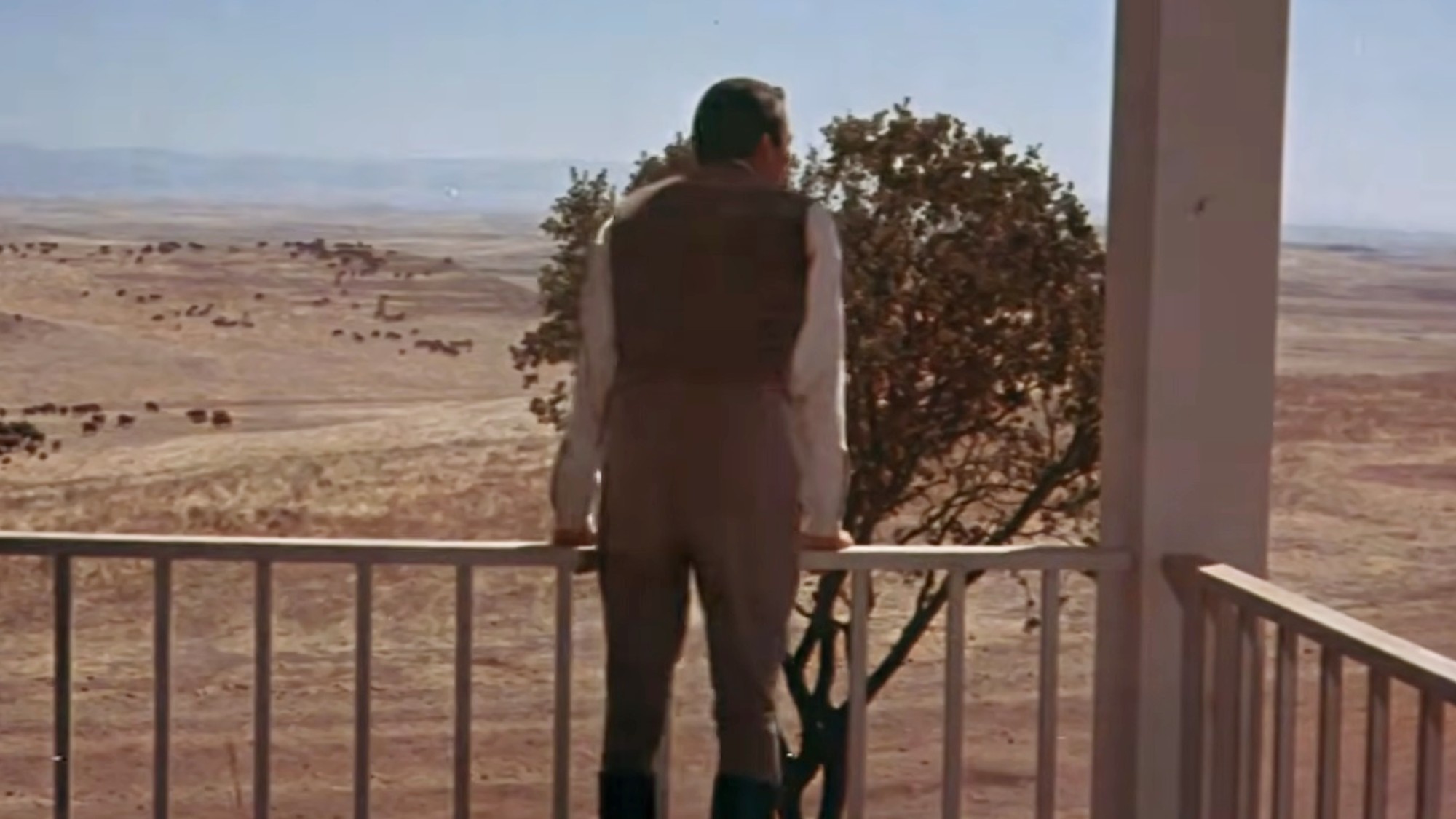 Gregory Peck staring off at the land in The Big Country