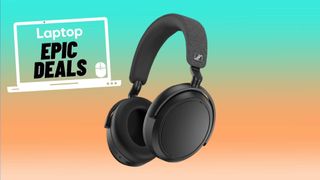 Black Sennheiser Momentum 4 noise-cancelling headphones against a blue and orange gradient background.