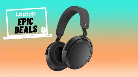 Black Sennheiser Momentum 4 noise-cancelling headphones against a blue and orange gradient background.