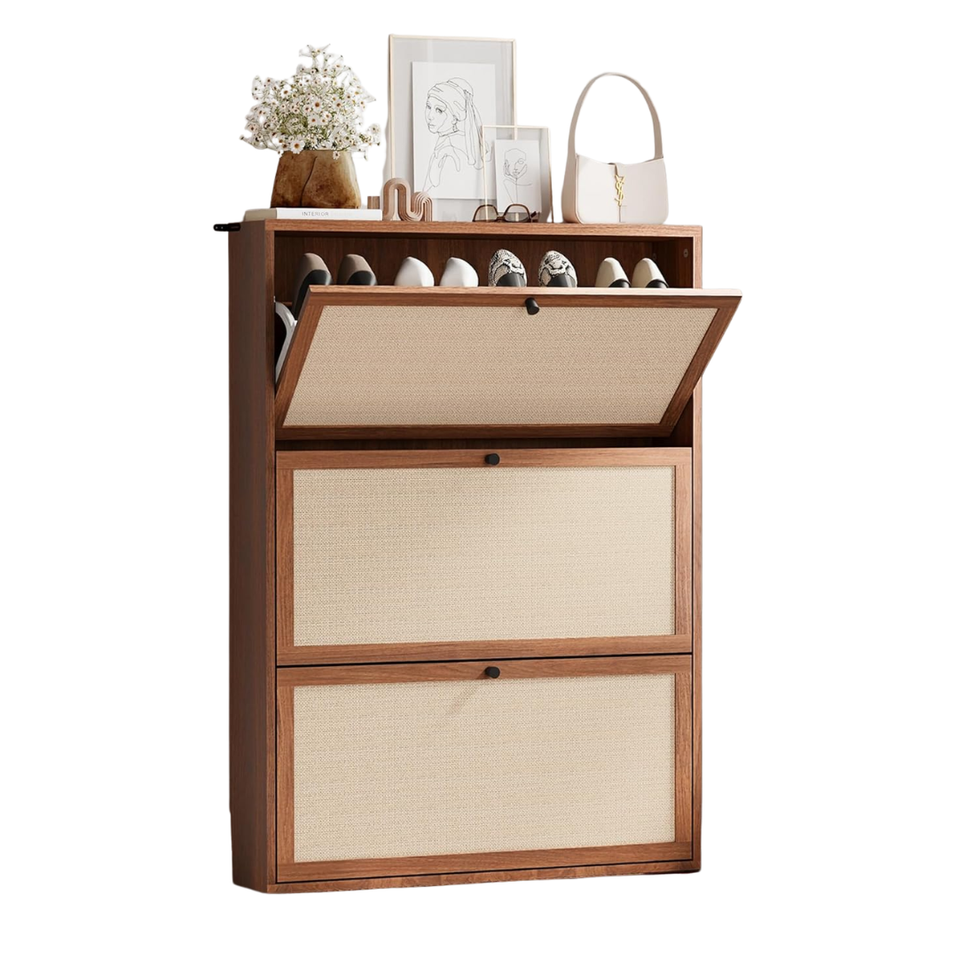 Avzear Narrow Shoe Storage Cabinet for Entryway With Natural Linen Panel, Freestanding Slim Shoe Cabinet With 3 Flip Drawers, Wood Shoe Organizer Closed Shoe Rack for Hallway, Living Room(walnut)