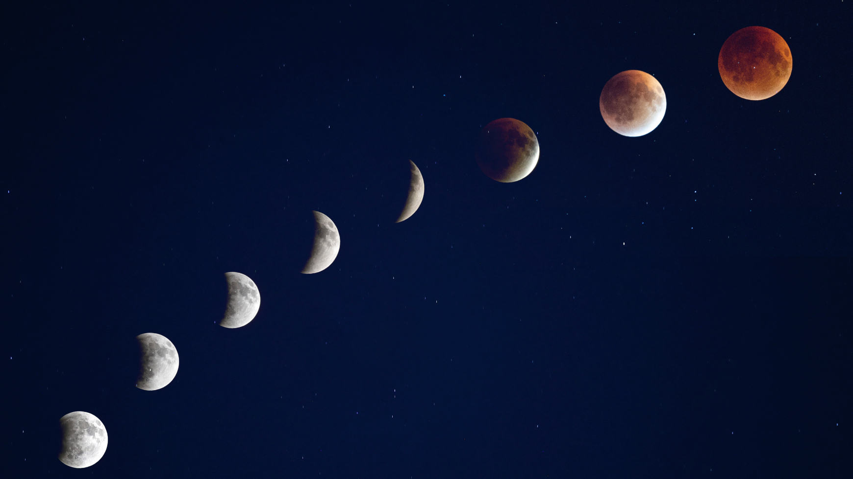 A composite image showing the different phases of a total lunar eclipse arrayed in an arc travelling from bottom left to top right. 