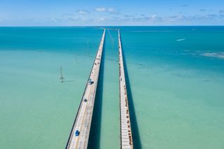 The seven-mile bridge above the water in the Florida Keys