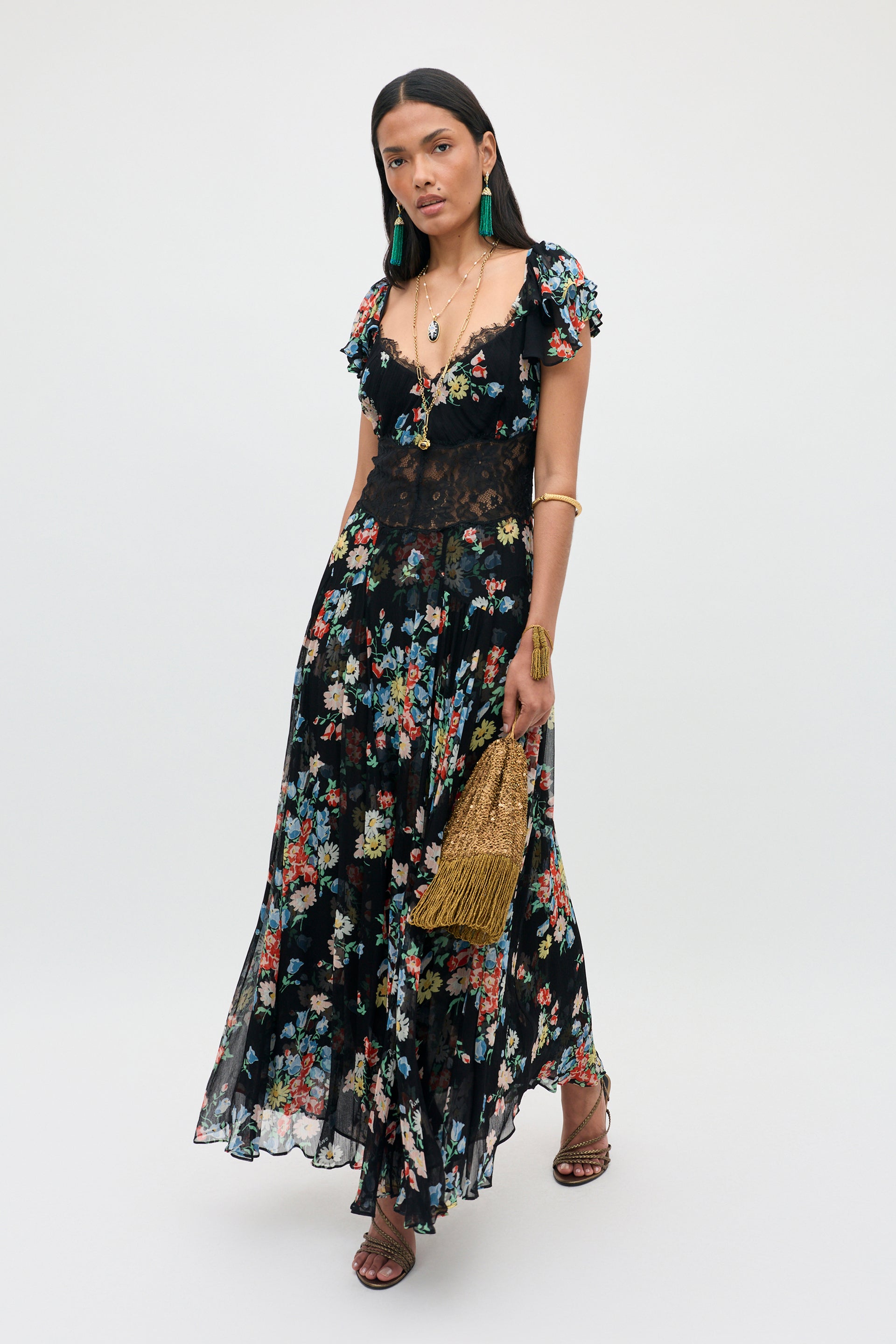 Carina Georgette Dress in Black Amelia Bouquet Multi