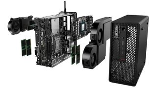 An exploded view of the Lenovo ThinkStation P360 Ultra mini PC