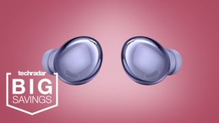 the samsung galaxy buds pro wireless earbuds in purple on a pink background