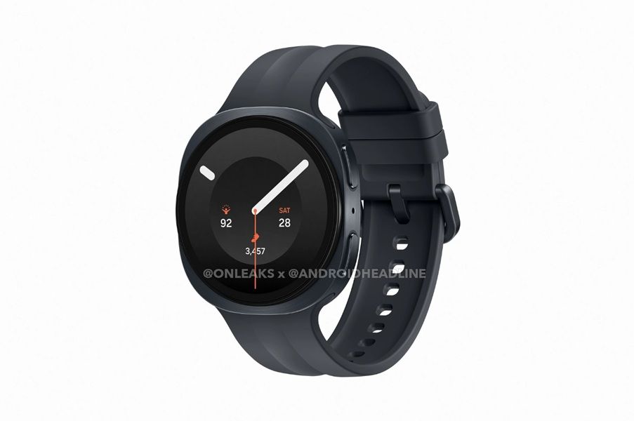 Leaked render of the Samsung Galaxy Watch 9 in black, displaying the same circular watch face atop a squared body as the Watch 8.