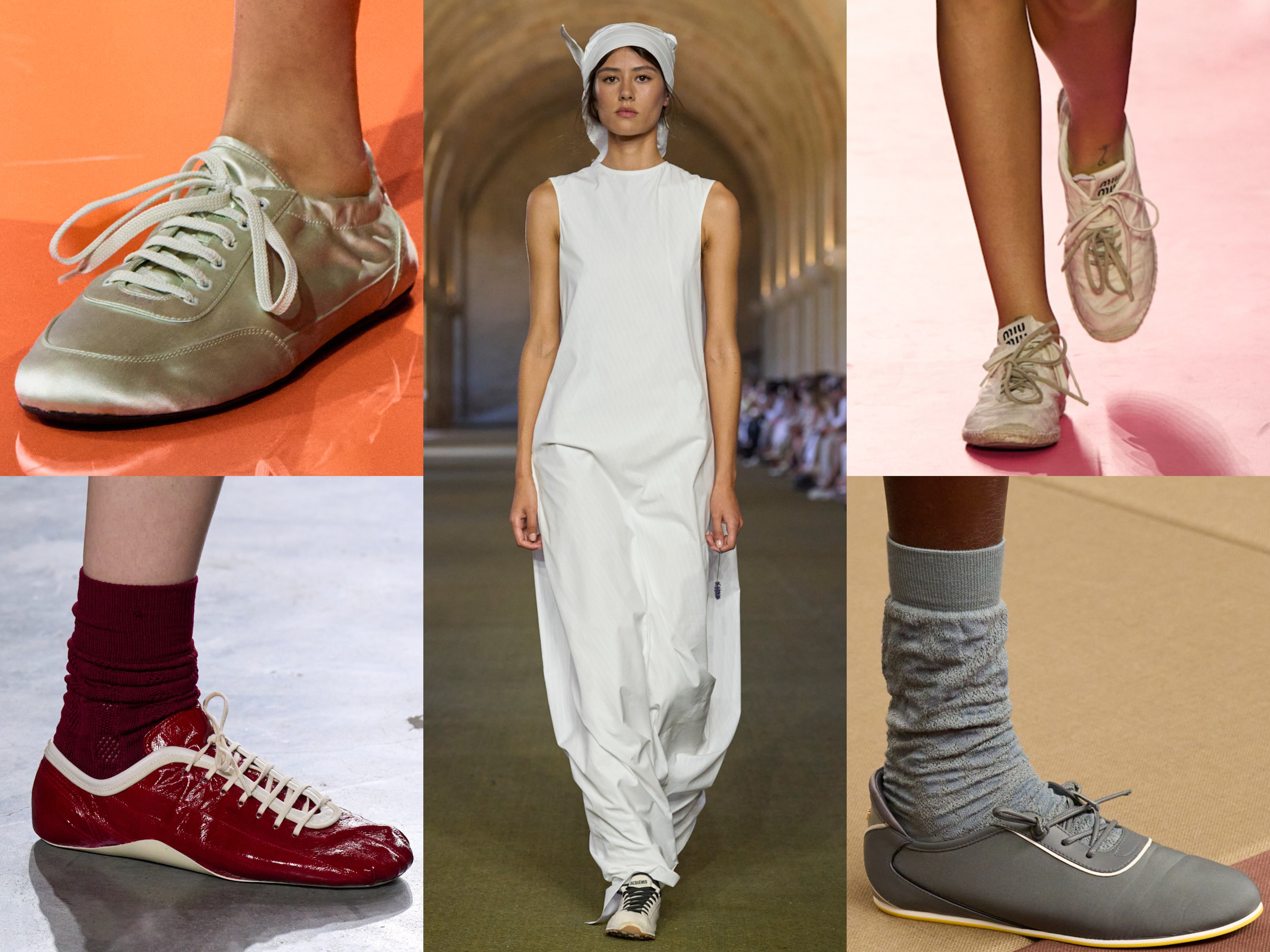 ballet sneakers on the runways of miu miu, dries van noten, prada, jacquemus, and fendi
