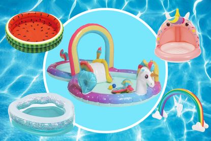 A collage of five of the best paddling pools featured in our buying guide including ones from Very, John Lewis and Amazon