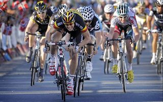 Tom Boonen (Quick Step) powers away from Heinrich Haussler and toward his 16th career Qatar stage win