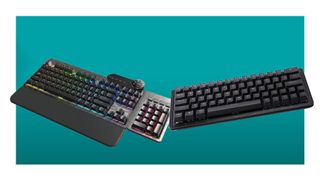 Mountain Everest Max and Mountain Everest 60 gaming keyboards on blue background