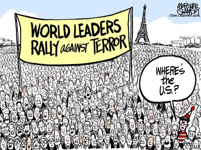 Editorial cartoon Paris march Where’s Waldo U.S.