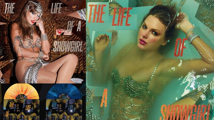 A diptych of album covers for &quot;THE LIFE OF A SHOWGIRL,&quot; features an elaborately dressed Taylor Swift in rhinestone-studded showgirl costumes, depicted in a rich, textured setting on the left and submerged in vibrant, turquoise water on the right. The images are a conceptual presentation for an album, with accompanying vinyl pressings shown below the main photos.