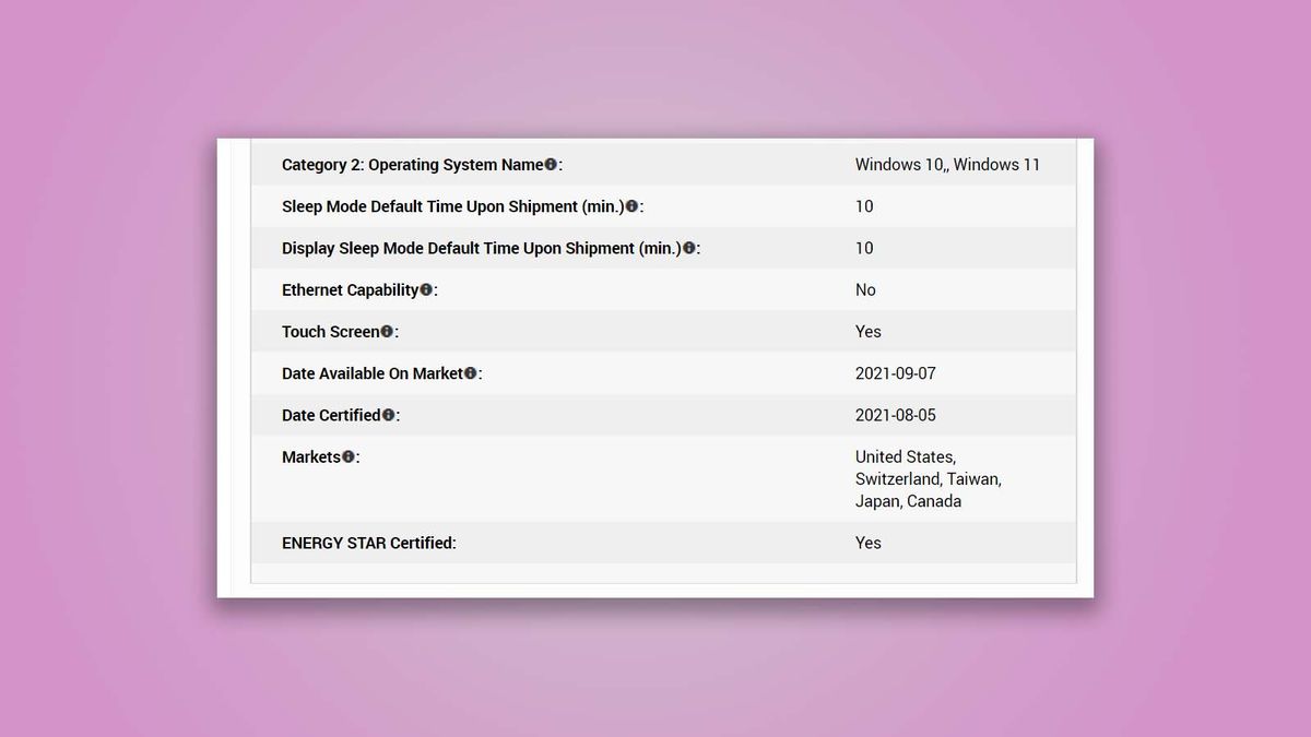 A portion of the Microsoft Surface Pro X Energy Star Certification document against a pink spotlit backgrouund