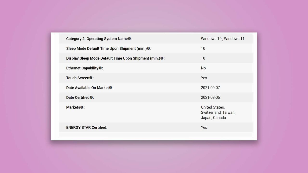 A portion of the Microsoft Surface Pro X Energy Star Certification document against a pink spotlit backgrouund