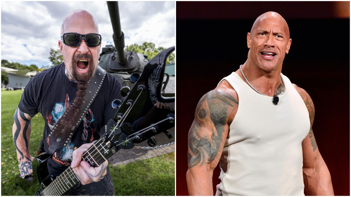 Kerry King posing with a guitar and The Rock at a Disney event