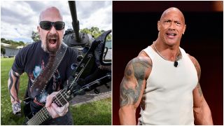 Kerry King posing with a guitar and The Rock at a Disney event