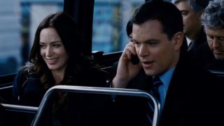 Matt Damon and Emily Blunt sitting on a bus in The Adjustment Bureau (2011)
