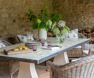 Table outdoors with tiled top