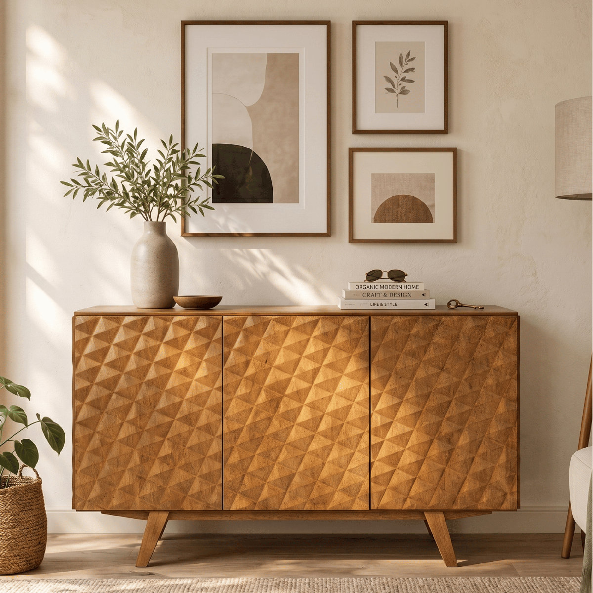 Latitude Run&amp;reg; Sapa 53" Solid Wood Sideboard With 3d Carved Geometric Doors, 3 Doors, Adjustable Shelves, Mid-Century Modern Design, Easy Assembly | Wayfair