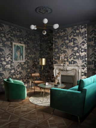 bold tropical wallpaper by Divine Savages in a living room